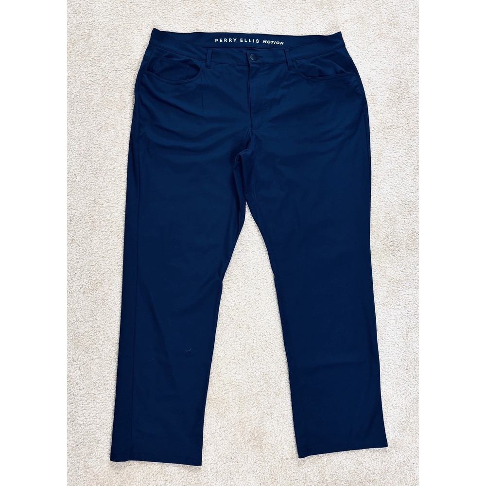 Perry Ellis Mens 38x30 Motion Performance Pants Navy Blue Golf Slim Fit 38x29